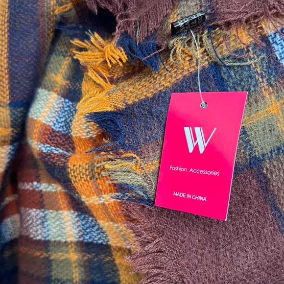 W Fashion Accessories Brown Rust White Wool Blend Plaid Throw Shawl Wrap New - Picture 10 of 15